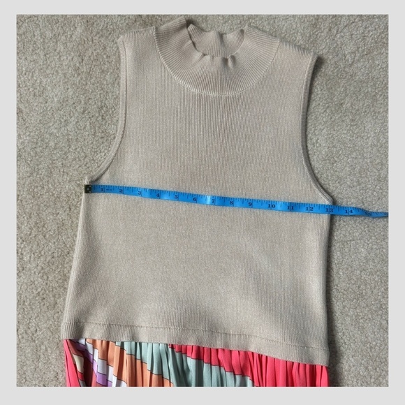 Skies Are Blue Carmine Print Mixed Media Pleated Midi Dress Mock Neck Sleeveless - Picture 10 of 16